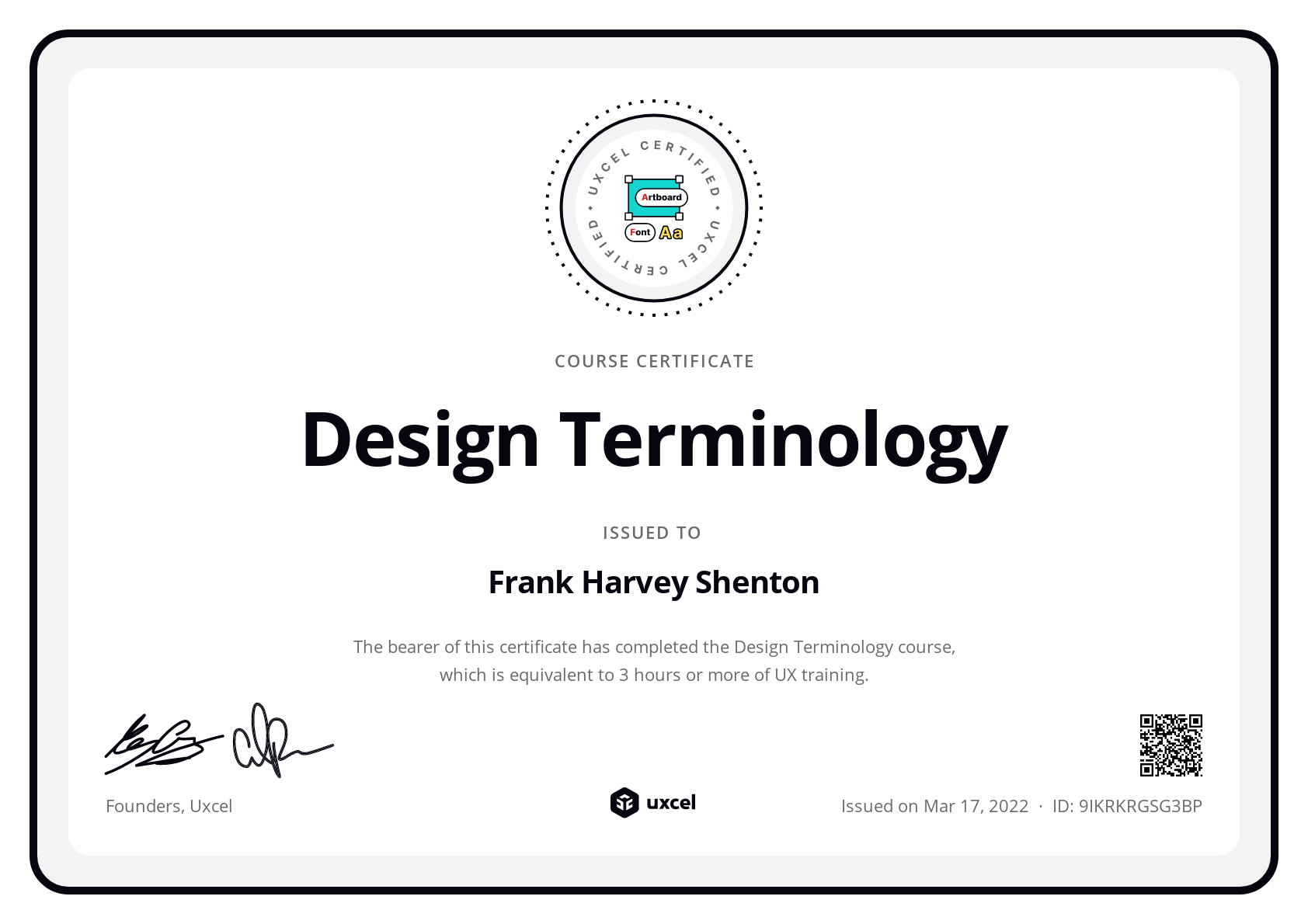 Frank Harvey Shenton's certificate